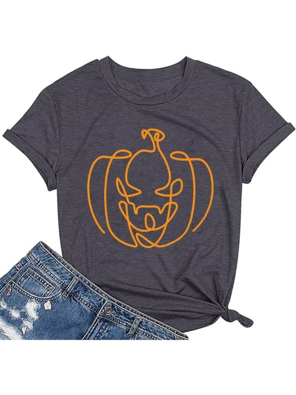 🆕 Women's Charcoal Grey Halloween Pumpkin Line Art Graphic Tee Shirt
